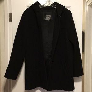 Black wool coat with hood.  Size L